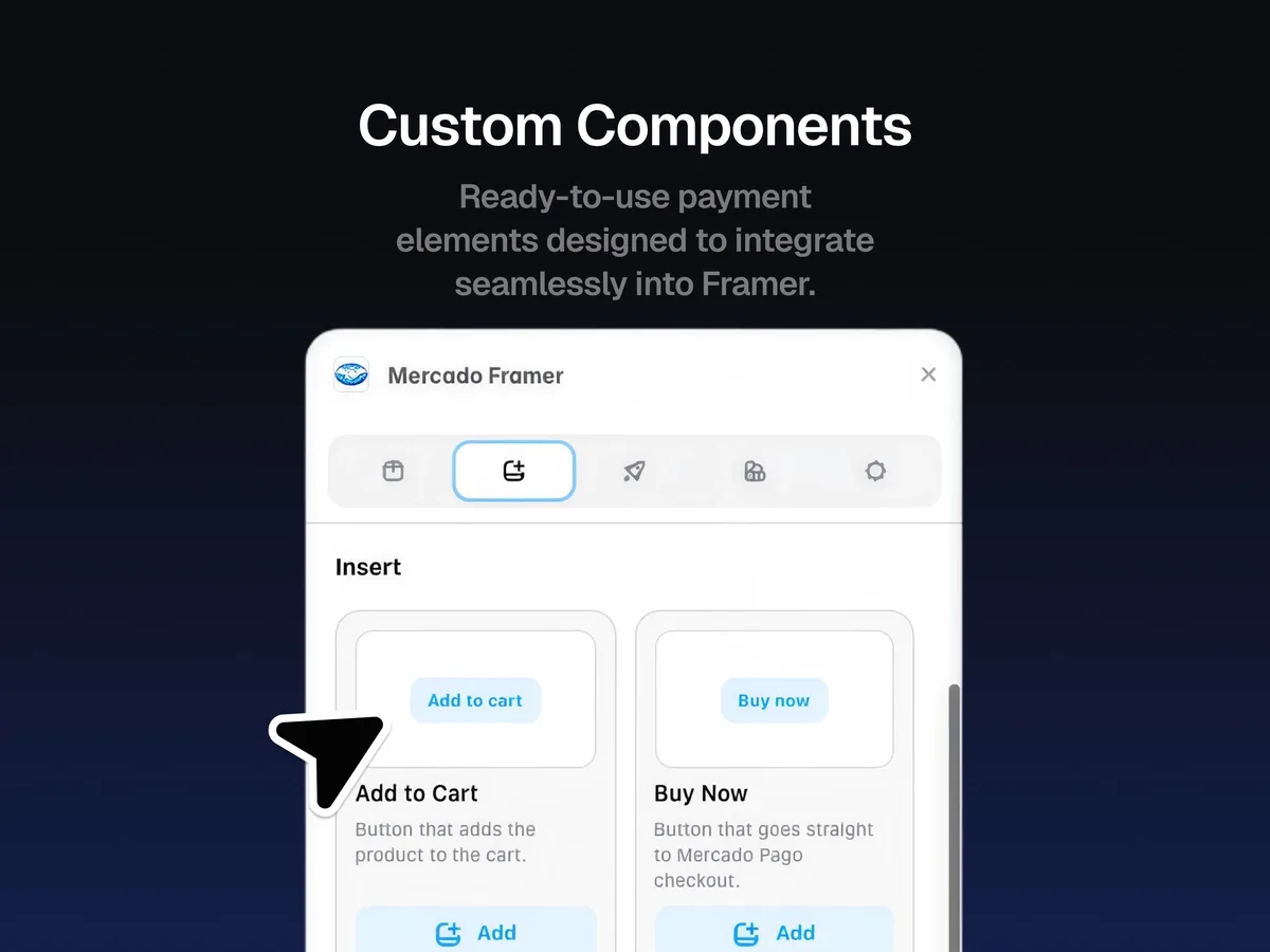 El plugin Mercado Framer dentro de Framer, con los botones Add to Cart y Buy Now